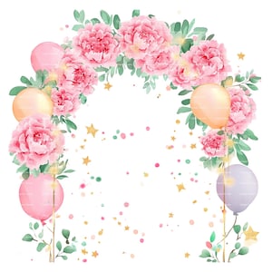 Arco de cumpleaños Mes de nacimiento Clipart Clavel Globo Enero Flor de nacimiento para invitación Tarjeta de agradecimiento Descarga digital Diario basura