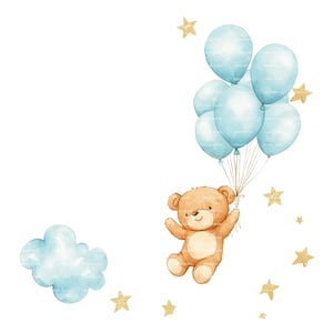 Invitation bébé garçon ours en peluche bordure Clipart Baby Shower anniversaire aquarelle ballon cadeau cadre PNG bleu carte de téléchargement numérique Junk Journal