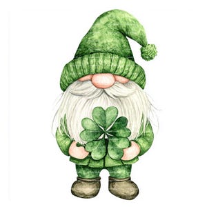 St Patricks Day Gnome Watercolor Clipart PNG Cute Green Clover St Pattys Day Instant Digital Download Gift Junk Journal Stickers