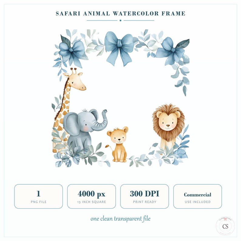 Safari Animal Watercolor Frame PNG file at full size with file details: 4000 px, 300 DPI, commercial use