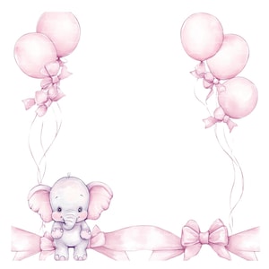 Invitation bébé fille éléphant noeud ballon bordure des cliparts Baby Shower anniversaire cadre aquarelle PNG rose carte de téléchargement numérique Junk Journal