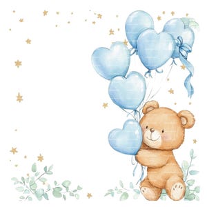 Baby Boy Einladung Teddybär Clipart Bordüre Baby Shower Geburtstag Aquarell Ballon Rahmen PNG Blau Digital Download Karte Junk Journal