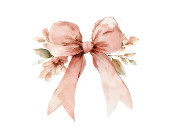Watercolor Pink Ribbon Bow Clipart: Floral Coquette PNG (Digital Download)
