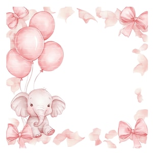 Invitación para niña bebé, elefante, lazo, globo, clipart, borde, baby shower, cumpleaños, acuarela, marco PNG, rosa, descarga digital, tarjeta, diario basura
