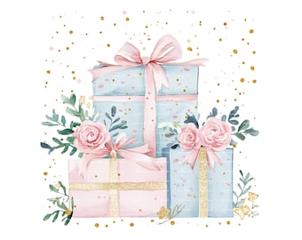 Watercolor Carnation Birthday Present Clipart (PNG Digital Download)