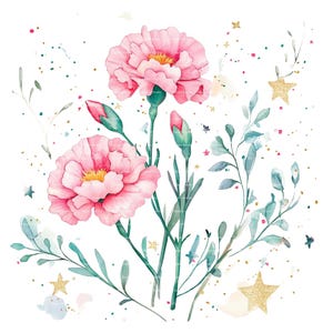 Clipart de ramo de flores del mes de nacimiento de clavel, cumpleaños de enero, PNG para invitación, tarjeta de agradecimiento, descarga digital instantánea, diario basura