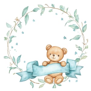 Invito per neonato Orsetto Clipart Bordo Baby Shower Compleanno Acquerello Banner Cornice PNG Blu Download digitale Carta Junk Journal