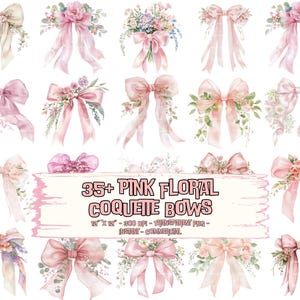 35+ roze strik coquette aquarel clipart PNG bundel lint strikken met bloemen Instant digitale download uitnodiging babyshower bruiloft bruiloft