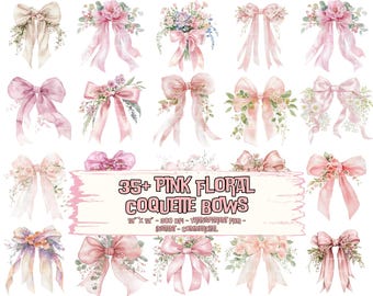 Pink Bow Watercolor Clipart Bundle: Coquette Floral PNG (Digital Download)