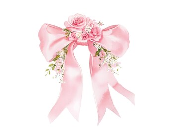Clipart de acuarela de lazo de cinta rosa coqueta: Diseño floral para boda (Descarga digital)