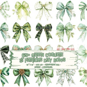 St Patricks Day Coquette Bow Clipart: Green Ribbon PNG Bundle (Digital Download)