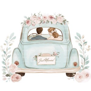 Gerade verheiratet Auto Braut und Bräutigam Hochzeit Clipart für Einladung Danke Karte Printable Aquarell Clipart Digital Download Junk Journal