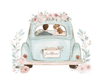 Watercolor Just Married Car Clipart: Bride & Groom PNG (Digital Download)