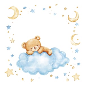 Invitation bébé garçon ours en peluche bordure des cliparts lune étoiles Baby Shower anniversaire cadre aquarelle PNG bleu carte de téléchargement numérique Junk Journal