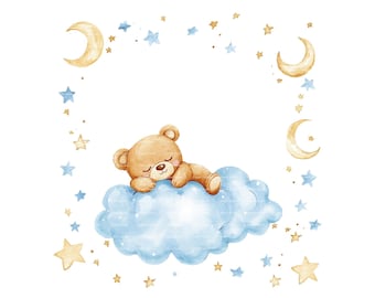 Teddy Bear Clipart Frame: Watercolor Moon & Stars (Digital Download)