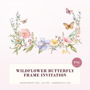 Illustrazione vettoriale di una cornice con farfalle e fiori selvatici ad acquerello: bordo per inviti (download digitale in formato PNG)