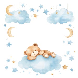 Baby Boy Invitation Teddy Bear Clipart Border Moon Stars Baby Shower Birthday Watercolor Frame PNG Blue Digital Download Card Junk Journal