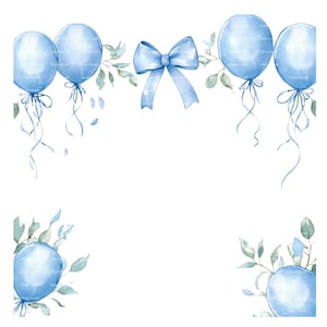 Baby Boy Invitation Balloon Frame Clipart Border Greenery Baby Shower Birthday Watercolor Frame PNG Blue Digital Download Card Junk Journal