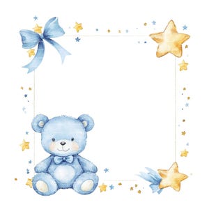 Baby Boy Einladung Teddybär Schleife Clipart Border Baby Shower Geburtstag Aquarell Rahmen PNG Blau Digital Download Karte Junk Journal