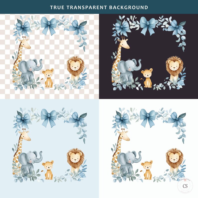 Transparent background proof for the Safari Animal Watercolor Frame clipart on white, dark and colour backgrounds
