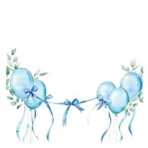 Baby Boy Invitation Balloon Frame Clipart Border Greenery Baby Shower Birthday Watercolor Frame PNG Blue Digital Download Card Junk Journal