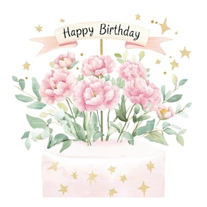 Feliz cumpleaños Clipart Acuarela Ramo de flores PNG para invitación de enero Gracias Descarga digital instantánea Diario basura