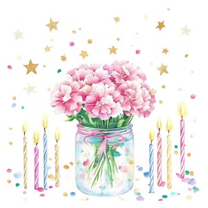 Ramo de claveles de cumpleaños Clipart Mes de nacimiento Flores Velas Enero PNG para invitación Gracias Descarga digital instantánea Diario basura