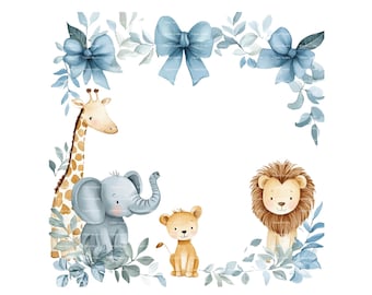 Safari Animal Watercolor Frame: Baby Boy Invitation Clipart (PNG Digital Download)