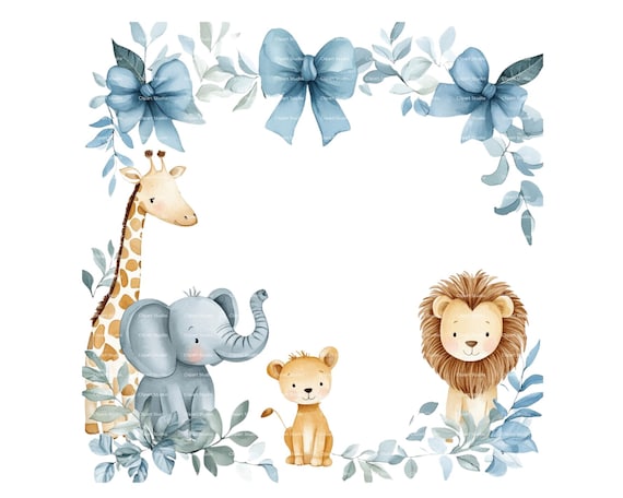 Safari Animal Watercolor Frame: Baby Boy Invitation Clipart (PNG Digital Download)