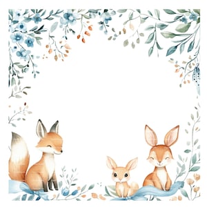 Bordure de clipart animaux de la forêt bébé garçon Shower de bébé anniversaire cadre aquarelle PNG carte en téléchargement numérique Journal indésirable
