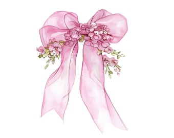 Clipart de acuarela de lazo de cinta rosa coqueta: Diseño floral para boda (Descarga digital)