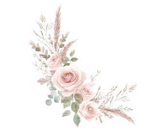 Watercolor Wedding Border Clipart: Roses, Eucalyptus (Digital Download)