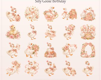 Silly Goose Clipart, Coquette Birthday Goose PNG, Pink Bow Goose, Party Hat, Cake, Balloons, Watercolor, 20 PNG Files, Commercial Use