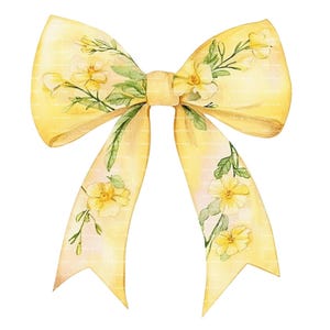 Coquette Ribbon Bow PNG Watercolor Flower Clipart Colorful Yellow Chinoiserie Floral Print Instant Digital Download Junk Journal