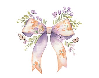 Coquette Ribbon Bow Watercolor Clipart: Floral Butterfly PNG (Digital Download)