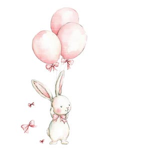 Babymeisje uitnodiging konijntje boog ballon clipart grens babyshower verjaardag aquarel frame PNG roze digitale download kaart ongewenste dagboek