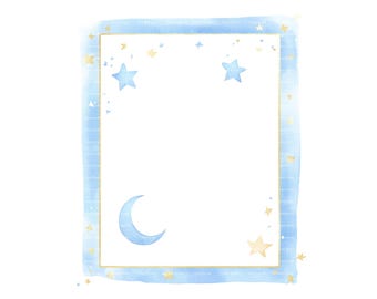 Baby Boy Invitation Frame: Watercolor Stars, Moon Clipart (PNG Digital Download)