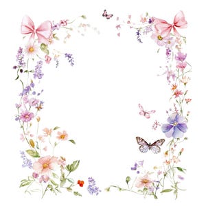 Bordure de cliparts cadre papillon fleurs sauvages PNG pour carte d'invitation carte de remerciement imprimable aquarelle clipart téléchargement numérique Junk Journal