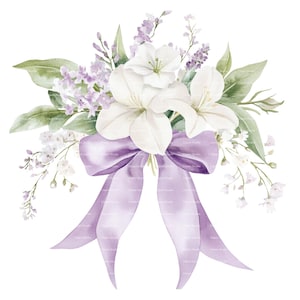Coquette ruban noeud PNG aquarelle fleur de naissance violet Clipart impression florale colorée Téléchargement numérique instantané Junk Journal