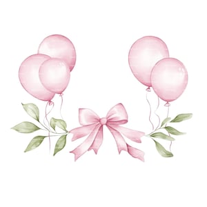 Invitation bébé fille noeud rose ballon Clipart verdure Baby Shower anniversaire cadre aquarelle PNG carte en téléchargement numérique Journal indésirable
