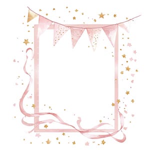 Baby Mädchen Einladung Pink Ribbon Banner Clipart Border Baby Shower Geburtstag Aquarell Rahmen PNG Digital Download Karte Junk Journal