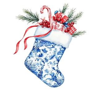 May include: A blue and white porcelain Christmas stocking with a white fluffy cuff, filled with red and white candy canes, red and white wrapped gifts, and red berries.