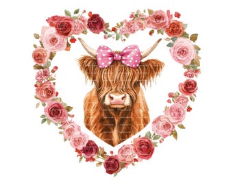 Highland Cow Valentine Clipart: Watercolor Roses PNG (Digital Download)