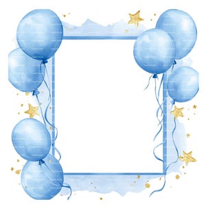Baby Boy Invitation Balloon Frame Clipart Border Baby Shower Birthday Watercolor Frame PNG Blue Digital Download Card Junk Journal