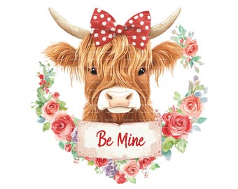 Highland Cow Valentine Clipart: Watercolor Roses, Coquette Bow (PNG Digital Download)