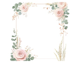 Watercolor Wedding Border Clipart: Pink Roses & Eucalyptus (Digital Download)