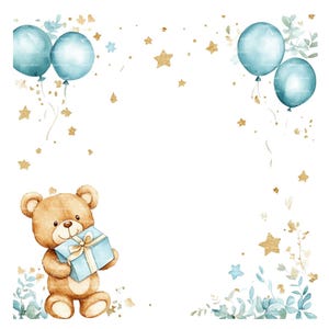 Invito per neonato Orsetto Clipart Bordo Baby Shower Compleanno Acquerello Palloncino Cornice PNG Blu Download digitale Carta Junk Journal