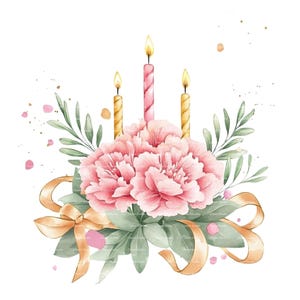 Ramo de claveles de cumpleaños Clipart Mes de nacimiento de enero Velas de flores PNG para invitación Gracias Descarga digital instantánea Diario basura