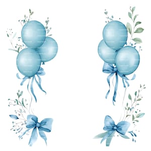 Baby Boy Einladung Ballon Rahmen Clipart Border Greenery Baby Shower Geburtstag Aquarell Rahmen PNG Blau Digital Download Karte Junk Journal
