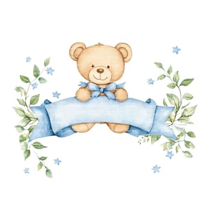 Baby Boy Invitation Teddy Bear Clipart Border Baby Shower Birthday Watercolor Banner Frame PNG Blue Digital Download Card Junk Journal